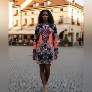 Hippie Style Floral Salmon Peach Maroon Burgundy Shift Dress